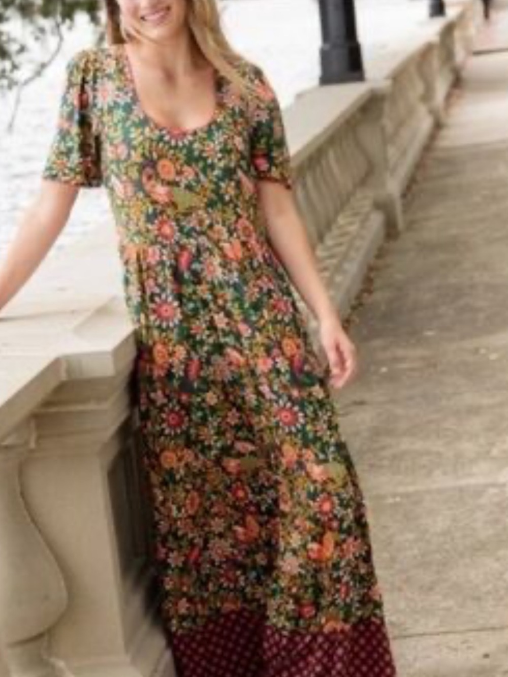 Natural Life Floral Tiered Maxi Dress - Dark Green Floral Size XS